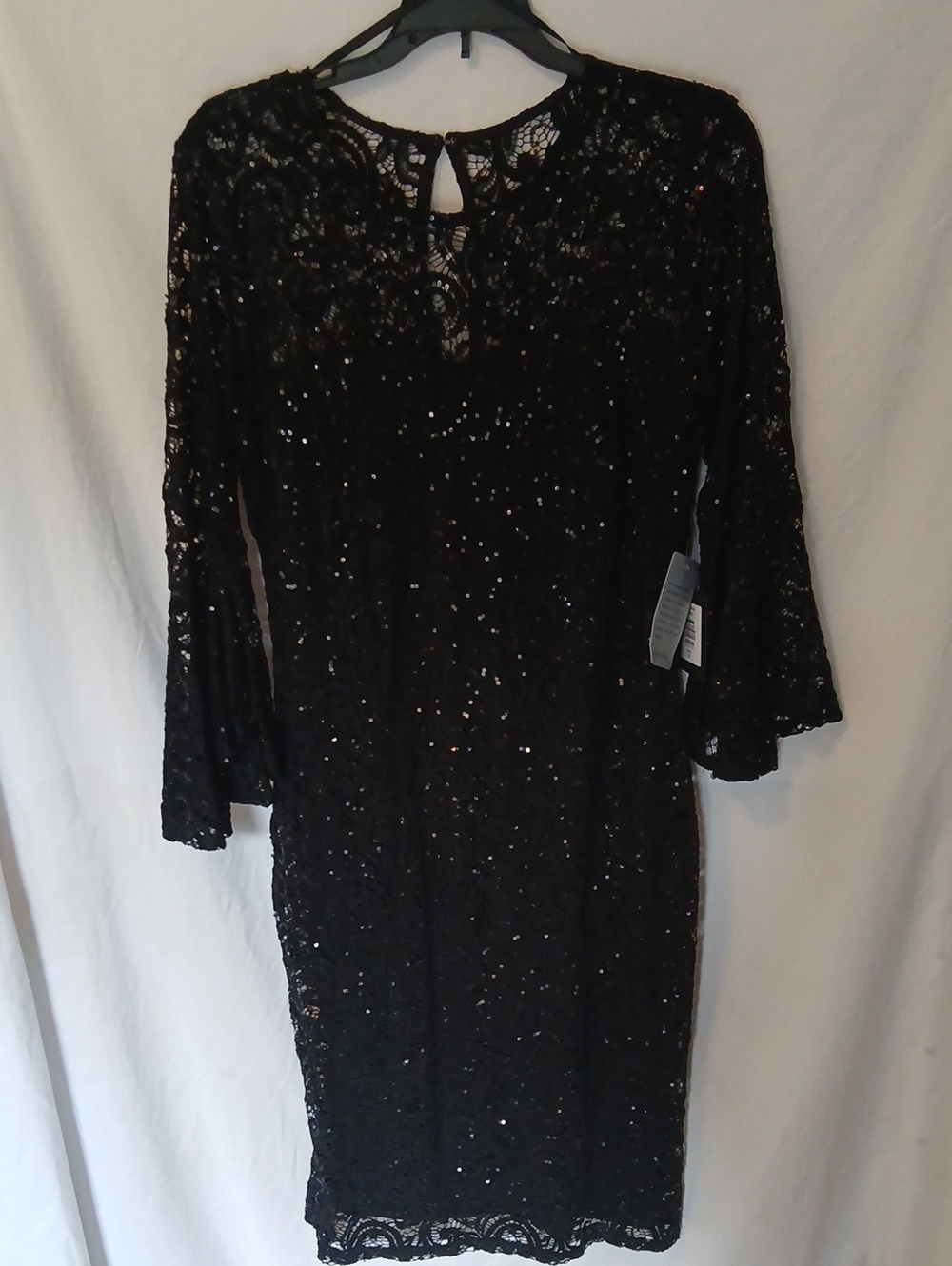 MARINA Black Lace Sequin Long-Sleeve Sheath Dress